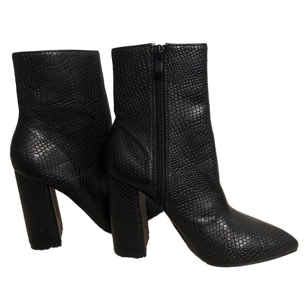 BOOHOO Women's Size 3 Black Faux Snakeskin POINTED TOE BLOCK HEEL ANKLE BOOT